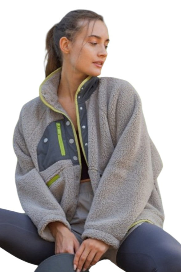 Mocha & Lime Snap Quarter Zip Sherpa Jacket