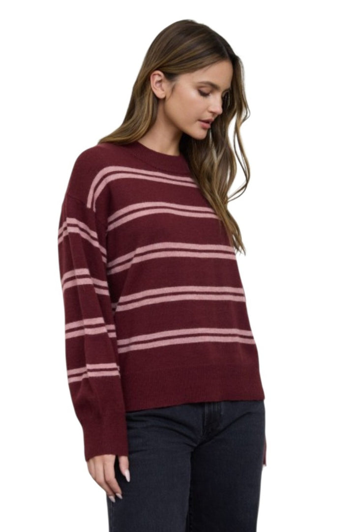 Burgundy & Pink Stripe Drop Sleeve Crew Neck Pullover Sweater