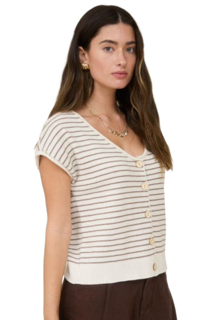 Brown Stripe Scoop Raw Edge Short Sleeve Cardigan