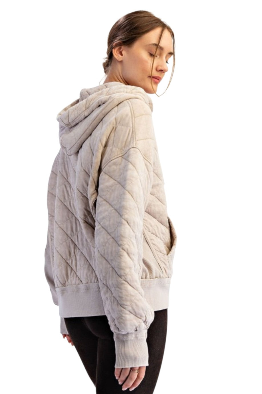Beige Quilted Mineral Wash Quarter Zip Hoodie