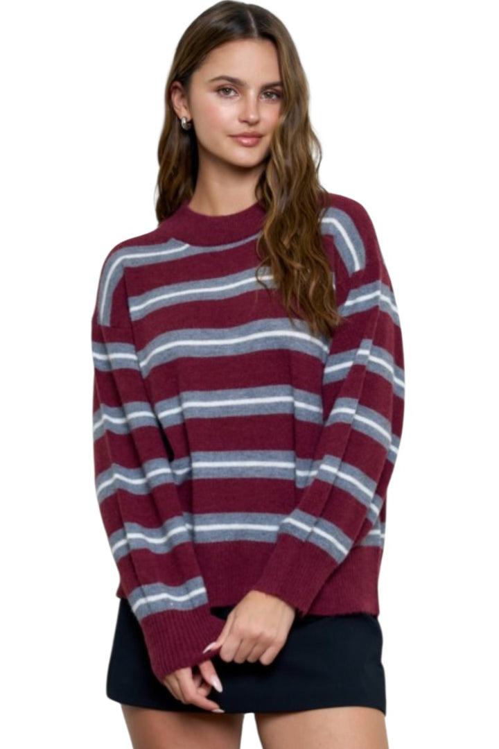 Burgundy & Grey Stripe Crew Neck Relaxed Knit Sweater