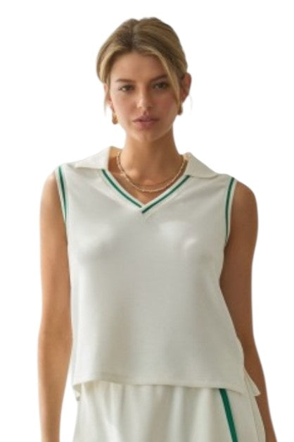 White & Green Stripe Trim Soft Modal Collared Active Tank Top