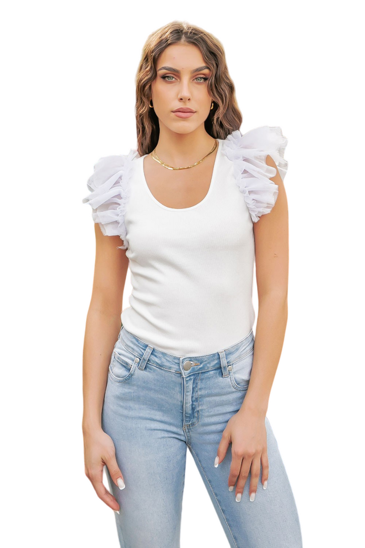 Off White Ruffled Tulle Sleeve Knit Top