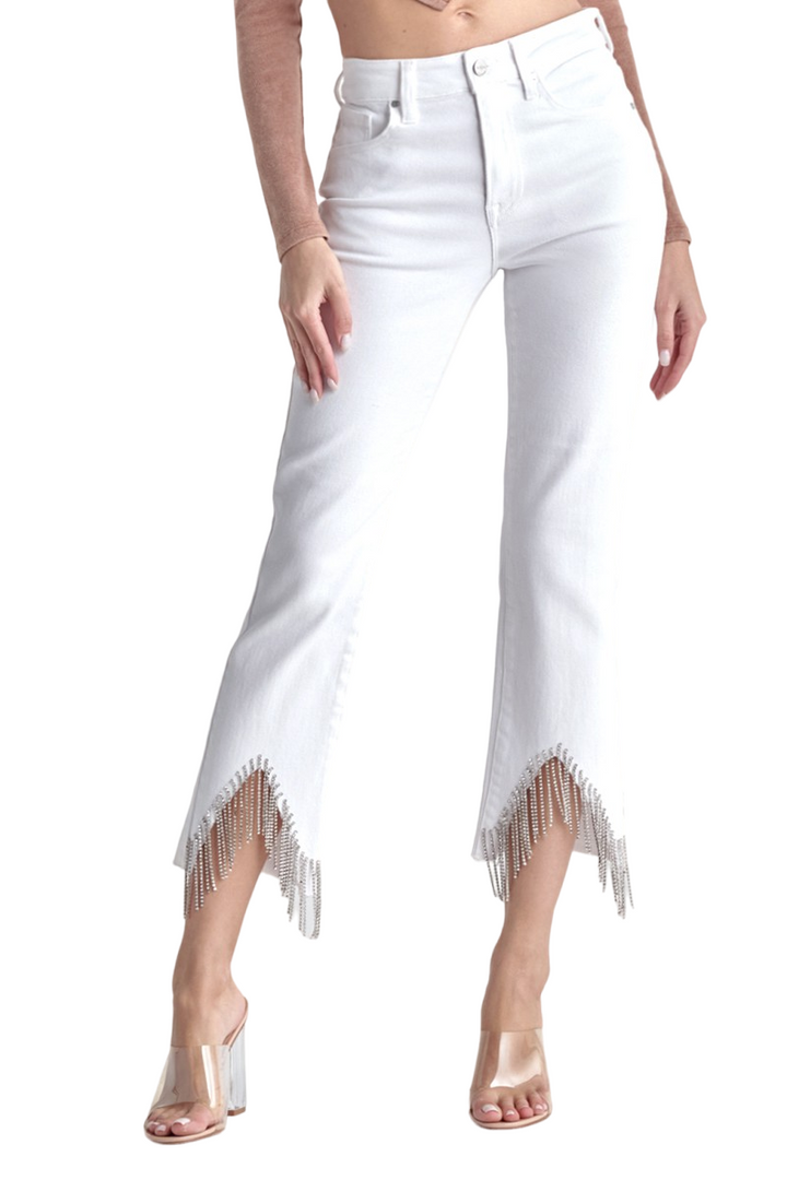 Risen White High-Rise Rhinestone Fringe Hem Detail Straight Jeans