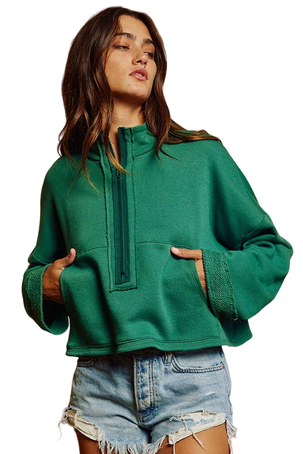 Hunter Green Zip-up Solid Knit Crop Sweatshirt