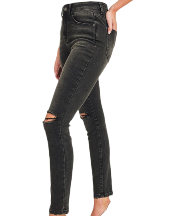 Risen Black High Rise Distressed Knee Skinny Jean