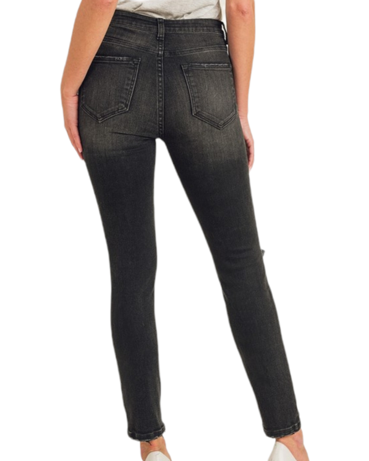 Risen Black High Rise Distressed Knee Skinny Jean