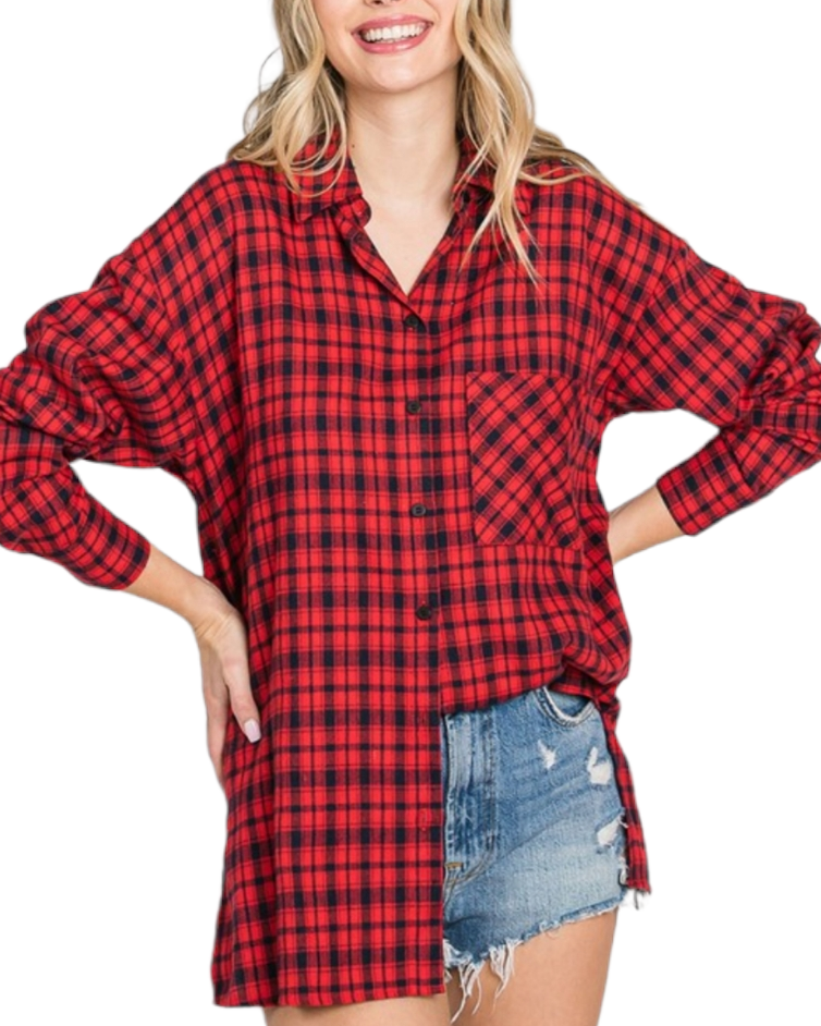 Red & Navy Flannel Button Up Shirt