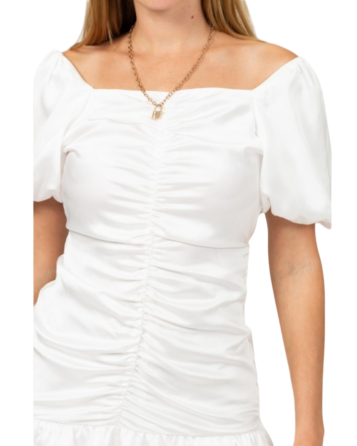 White Ruched Satin Mini Dress