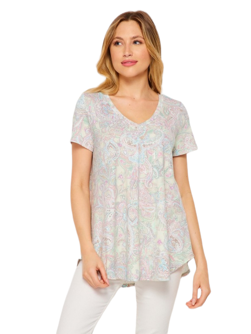 Pink Paisley Print SS V Neck Top