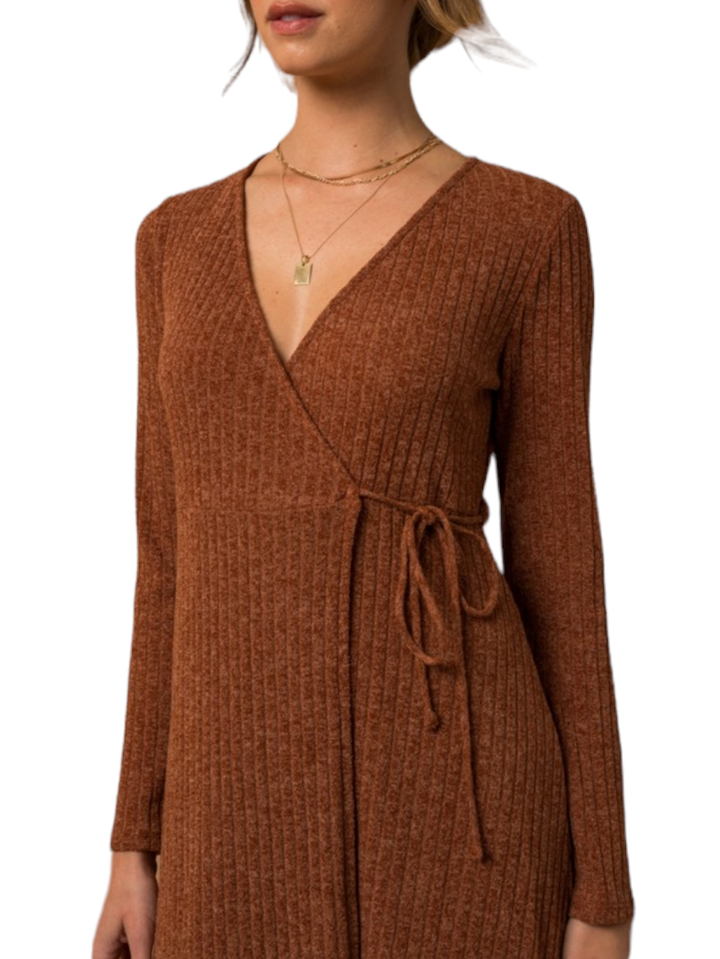 Cinnamon Ribbed Tie Waist Wrap Dress