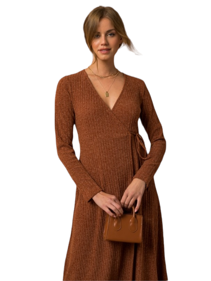 Cinnamon Ribbed Tie Waist Wrap Dress