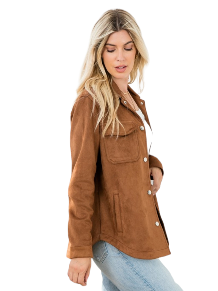 Fall Feels Camel Suede Oversized Snap Shacket