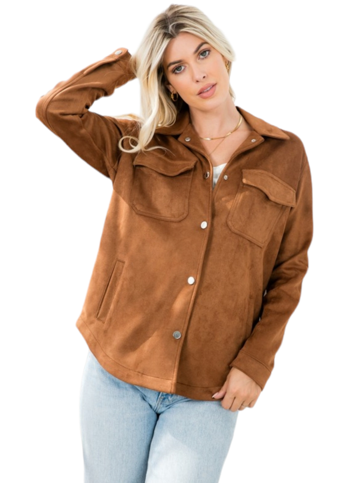 Fall Feels Camel Suede Oversized Snap Shacket