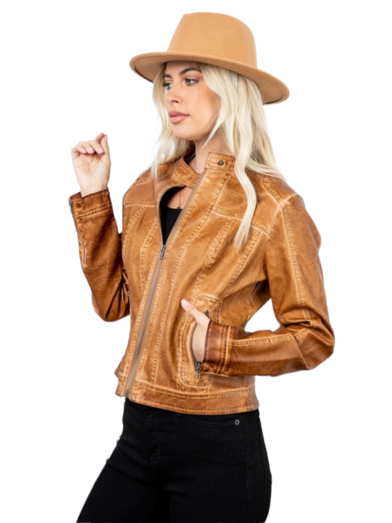 Brandy Garment Dyed Vegan Leather Jacket