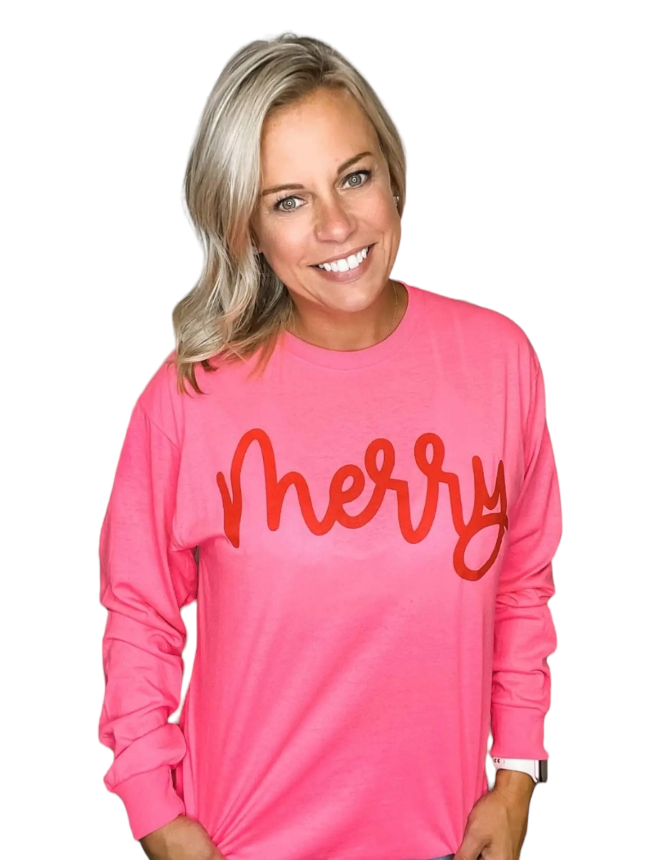 MERRY NEON Pink LONG SLEEVE HOLIDAY GRAPHIC TEE