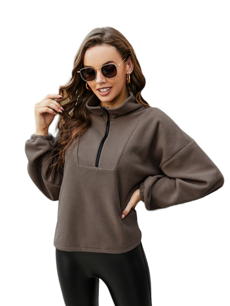 Umber Brown Half Zip Fleece Pullover Sweater