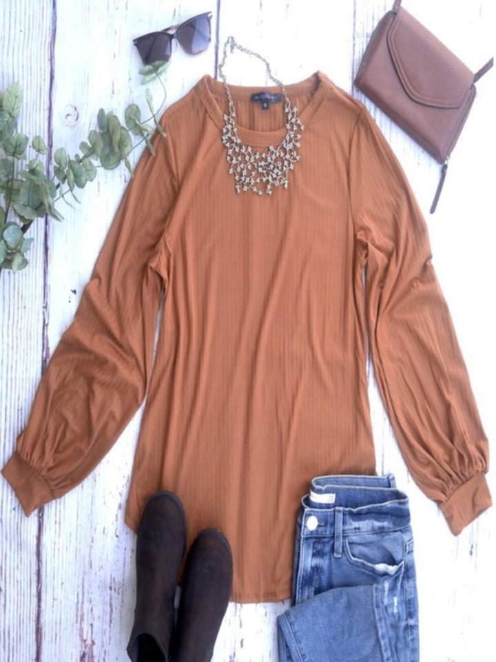 Rust Ribbed Puff Sleeve Top